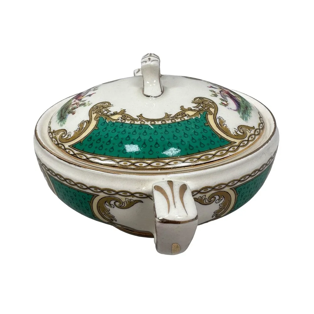 Myott‎ Royal Crown Staffordshire England Chelsea Bird Green Covered Sugar Bowl